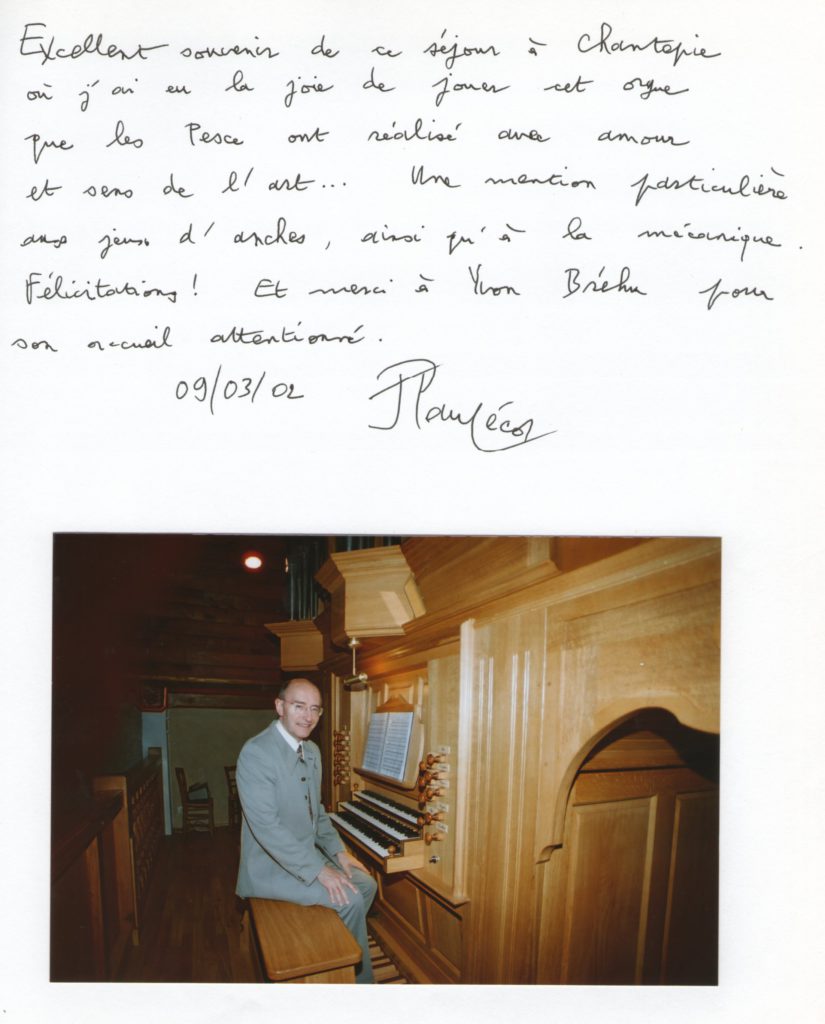 Dédicace de Jean-Paul Lécot sur le Livre d'Or de l'orgue de Chantepie.